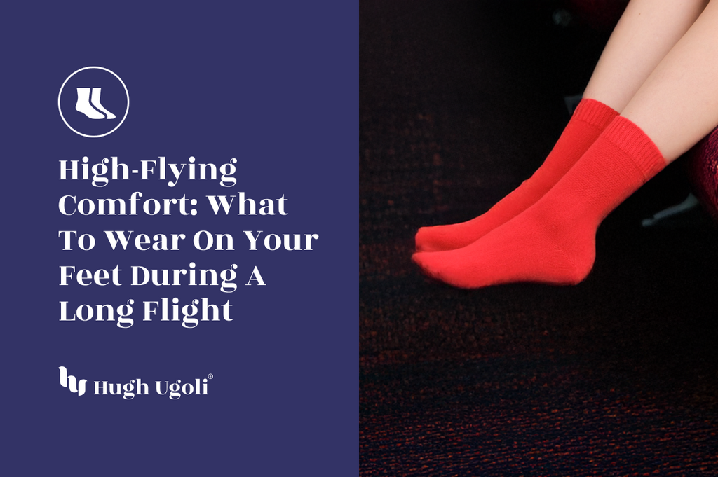 Red travel socks worn mid-flight, providing comfort and warmth during long-haul air travel.