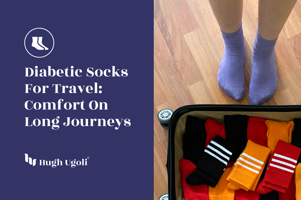 Feet in soft purple socks standing beside an open suitcase filled with colorful diabetic socks, ready for travel.