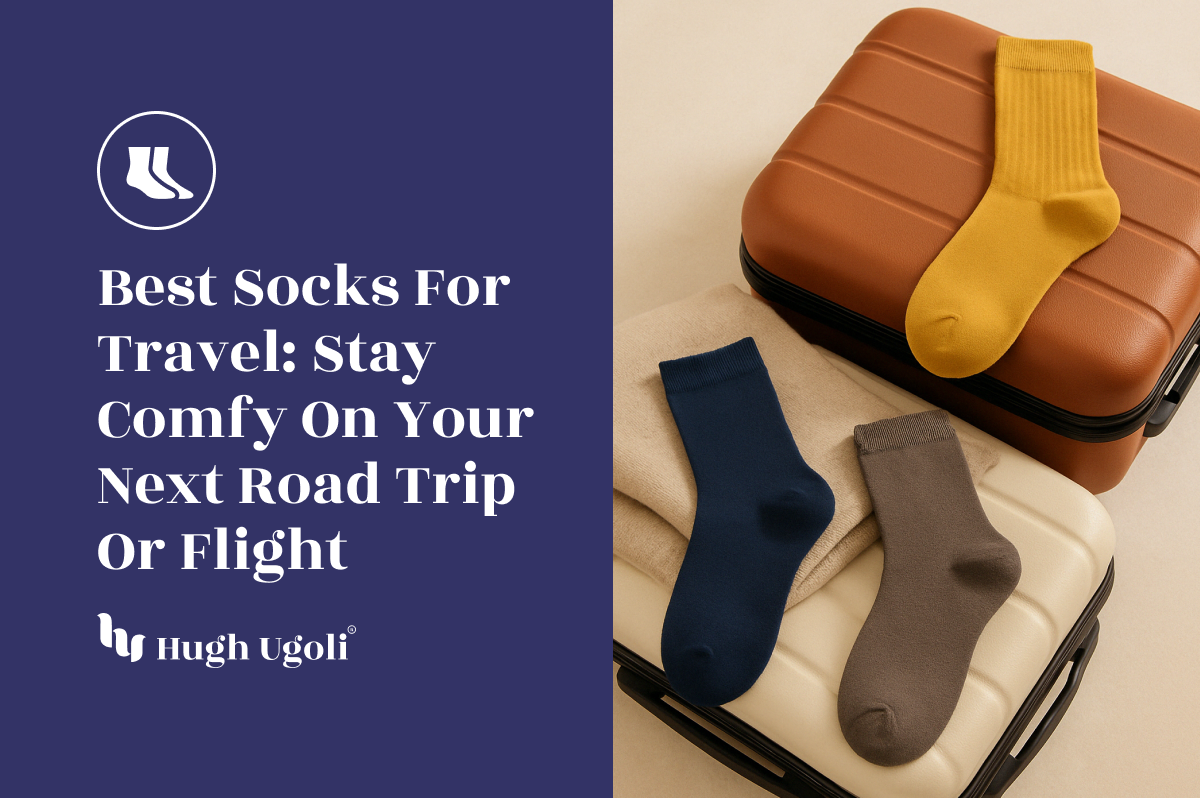 A travel-ready trio of socks in navy, taupe, and mustard yellow—stylishly laid out on neutral-toned suitcases, perfectly blending comfort and color for your next getaway.