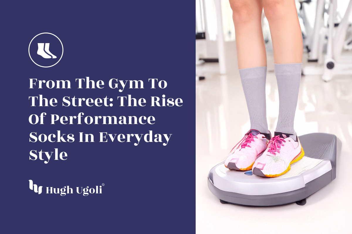 Light gray performance socks worn with pink running shoes, standing on a gym vibration platform, representing activewear style.