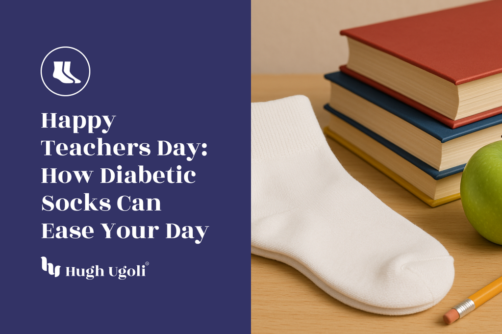 White diabetic sock placed on a teacher’s desk beside books, pencil, and apple — celebrating Teachers Day with comfort from Hugh Ugoli.
