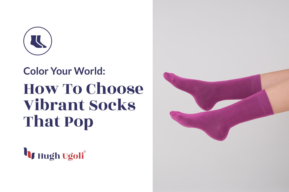 Vibrant magenta Hugh Ugoli ankle socks displayed on a person's feet, complementing the text 'Color Your World: How To Choose Vibrant Socks That Pop'.