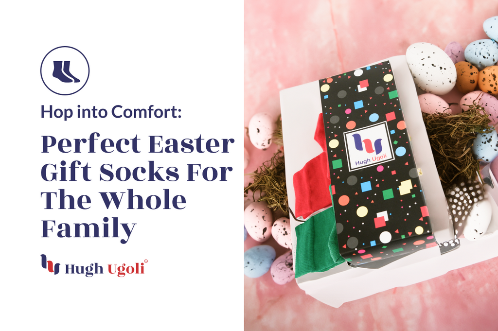  A cozy Easter gift box with vibrant socks, nestled among speckled eggs and soft pink hues, evokes the joy of springtime gifting.