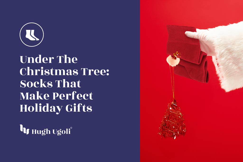 Santa Claus holding a pair of red socks and a sparkling Christmas tree ornament against a vibrant red background, emphasizing the festive holiday spirit.