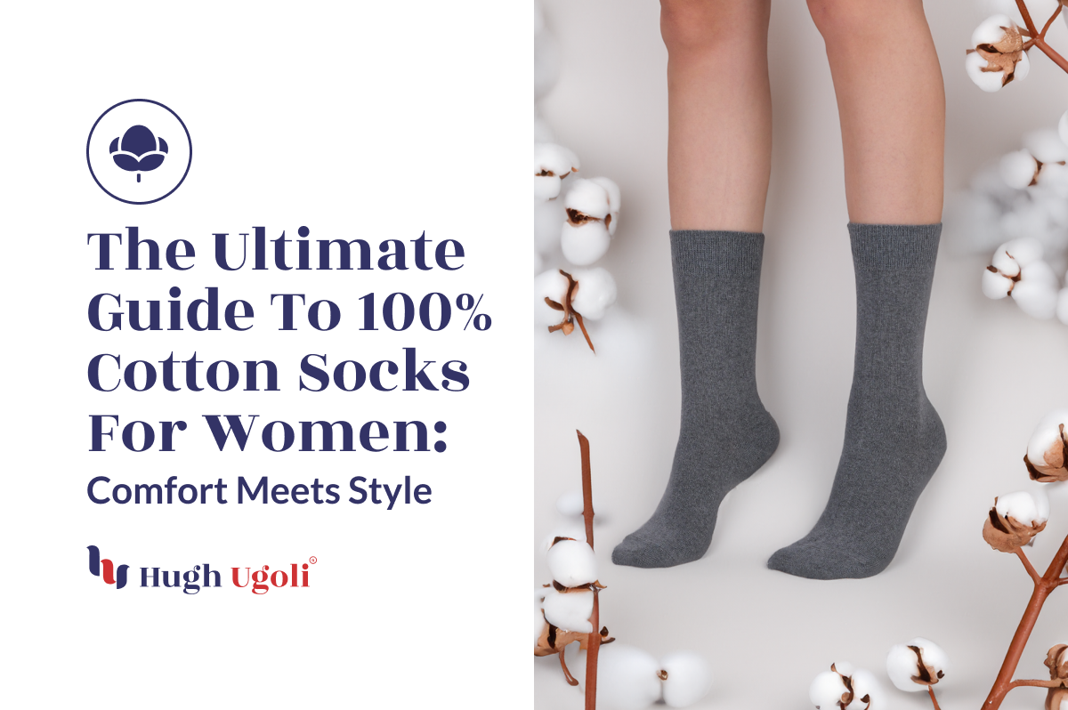 Standing among soft cotton bolls, a pair of legs showcases Hugh Ugoli’s gray 100% cotton socks, epitomizing both comfort and style.