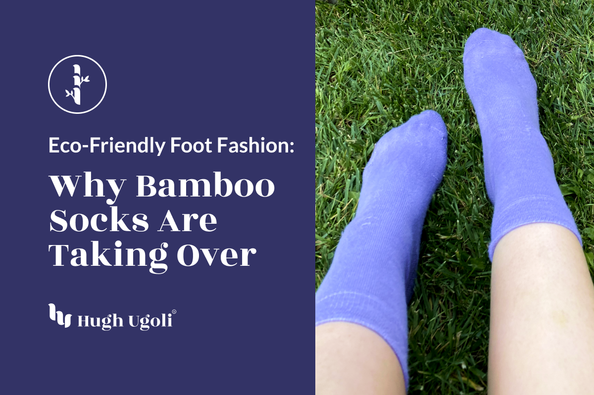 Advertisement featuring a pair of feet in blue bamboo socks on grass, highlighting eco-friendly fashion with a headline about the rise of bamboo socks by Hugh Ugoli.