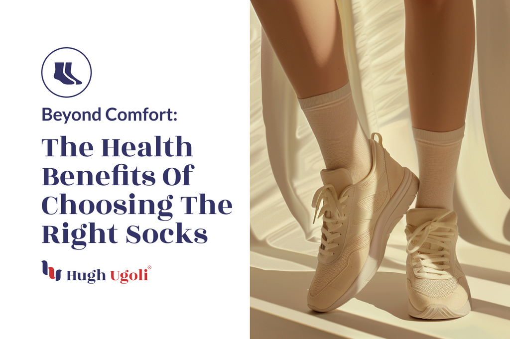 Pair of legs donning white crew socks and beige sneakers against a shadow-striped background, highlighting the stylish comfort and health benefits of proper footwear.