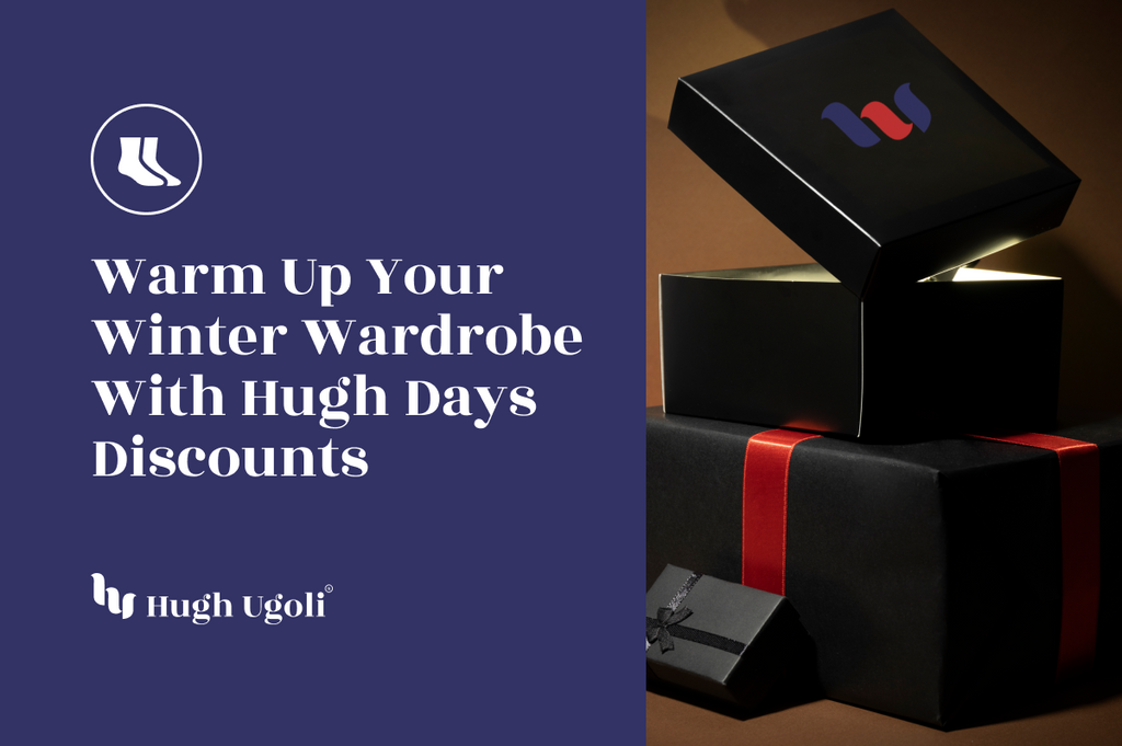 Elegant black gift boxes with red ribbon, one slightly open revealing a glowing interior, promoting winter wardrobe discounts.