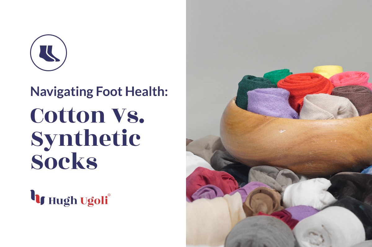 An assortment of colorful Hugh Ugoli rolled socks in a wooden bowl, symbolizing a choice between cotton and synthetic materials for optimal foot health, on a subtle grey background highlighting the article theme about navigating foot health.