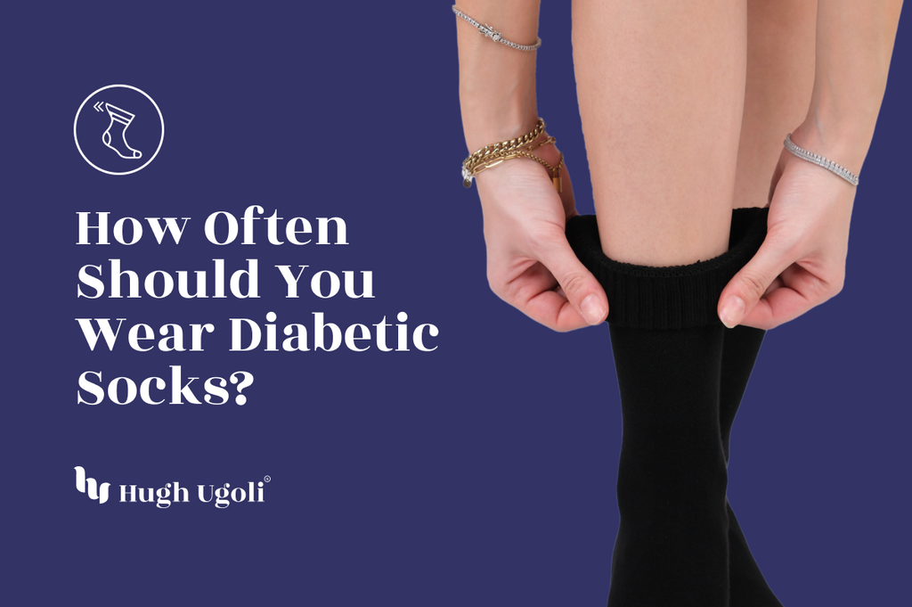 The image shows a person adjusting black diabetic socks, with the text "How Often Should You Wear Diabetic Socks?" indicating a focus on diabetic foot care by Hugh Ugoli.