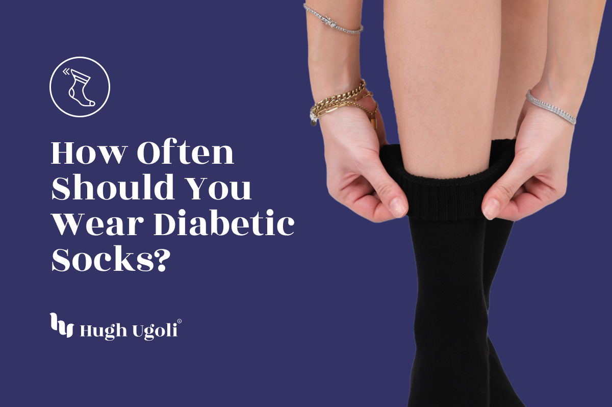 The image shows a person adjusting black diabetic socks, with the text "How Often Should You Wear Diabetic Socks?" indicating a focus on diabetic foot care by Hugh Ugoli.