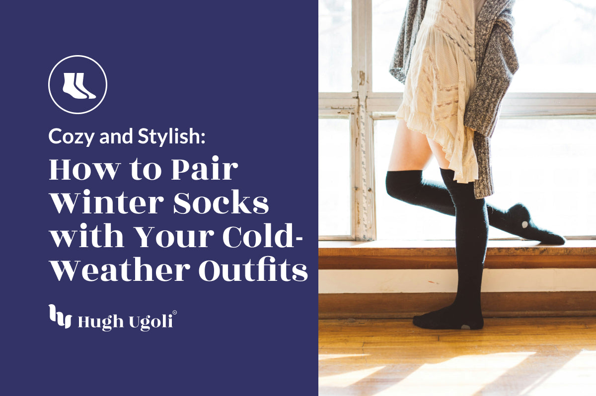 This image features a layout suitable for a blog cover. On the left, there is a deep blue background with text in a contrasting white font that reads "Cozy and Stylish: How to Pair Winter Socks with Your Cold-Weather Outfits by Hugh Ugoli.