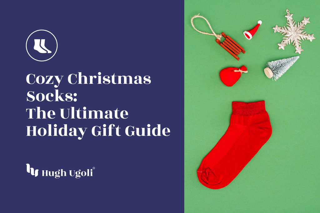 A festive display of Christmas-themed decorations featuring a vibrant red sock, ornaments, and miniature seasonal items on a cheerful green background.