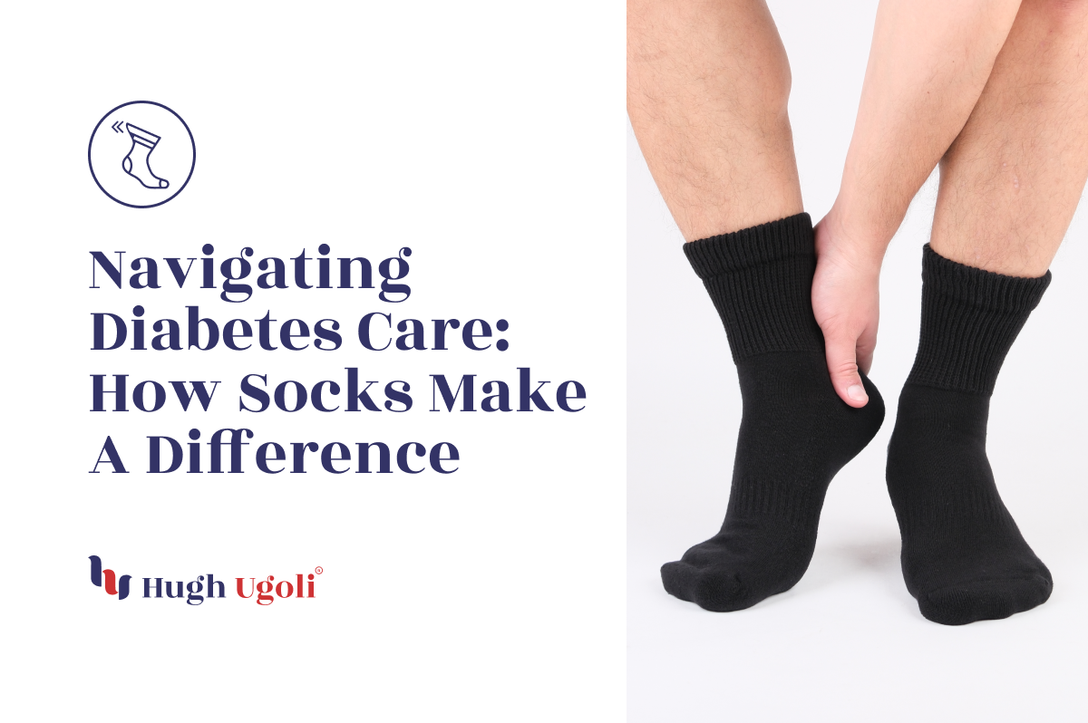 Close-up of legs wearing black Hugh Ugoli diabetic socks, highlighting their role in diabetes care by providing comfort and support.