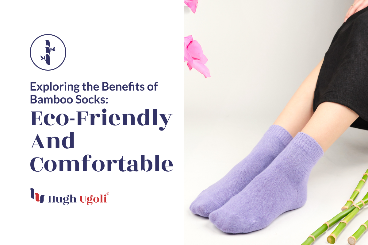 A person seated with legs crossed, wearing lavender Hugh Ugoli bamboo socks, surrounded by bamboo stems, highlighting eco-friendliness and comfort.