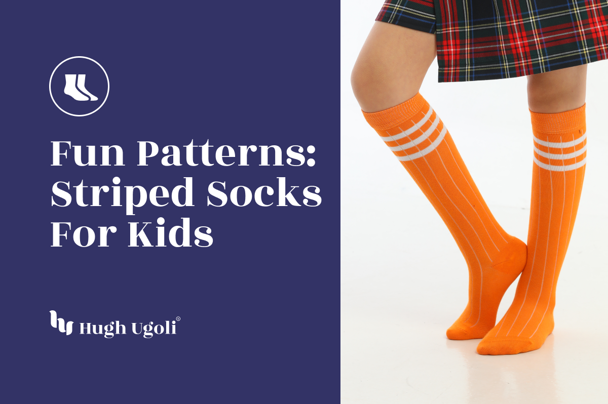 Child wearing bright orange knee-high striped socks paired with a plaid skirt, emphasizing the playful and vibrant design of kids' striped socks.