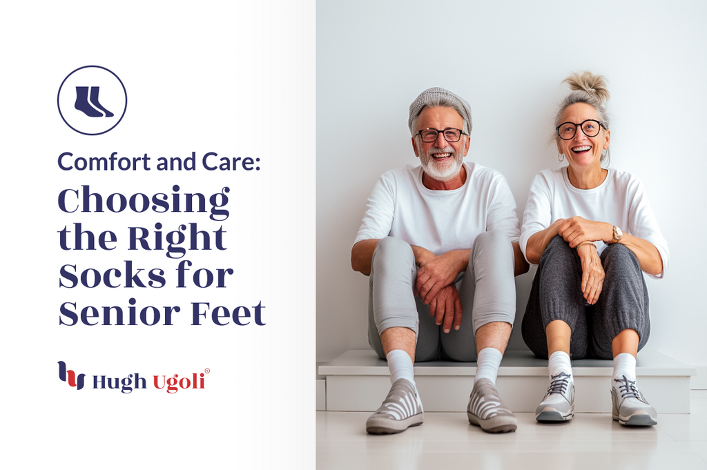 The image shows a happy elderly couple seated together, with text about choosing comfortable socks for seniors.
