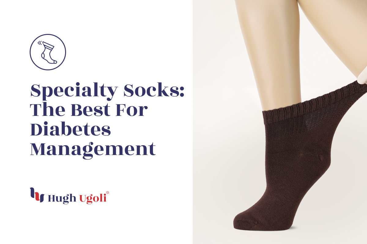 Close-up of a person wearing dark brown specialty socks designed for diabetes management, highlighting the stretch and comfort of the fabric.
