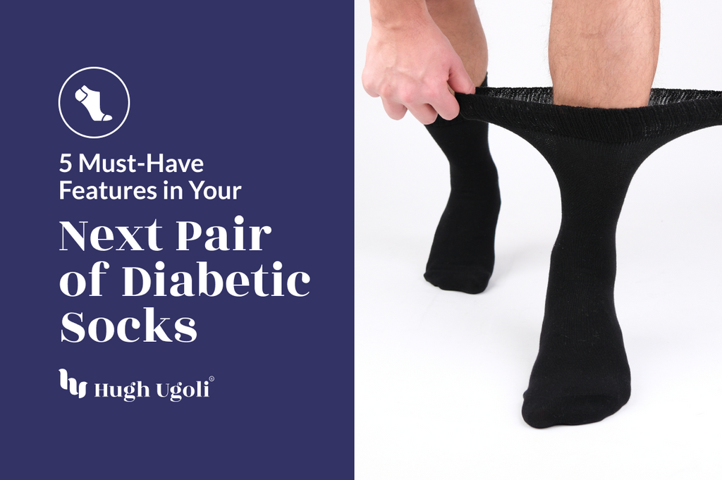The image shows a person pulling up a black diabetic sock, with text discussing essential features of diabetic socks.