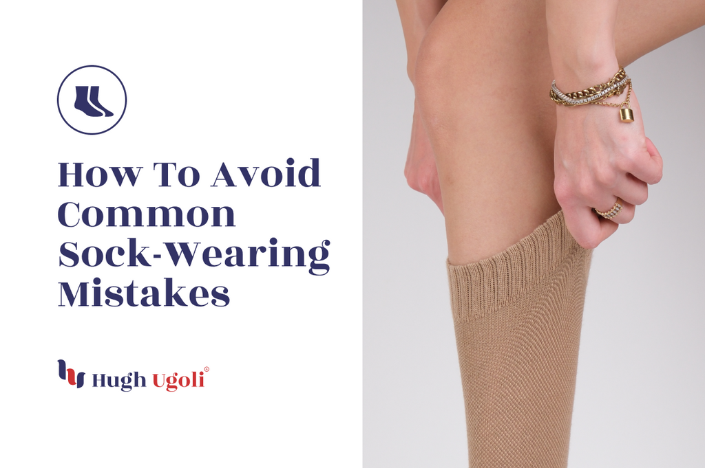 A close-up of a leg wearing a beige Hugh Ugoli sock, complemented by stylish gold bracelets, illustrating proper sock-wearing practices.