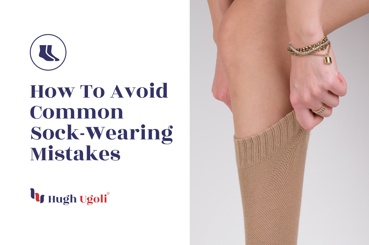 A close-up of a leg wearing a beige Hugh Ugoli sock, complemented by stylish gold bracelets, illustrating proper sock-wearing practices.