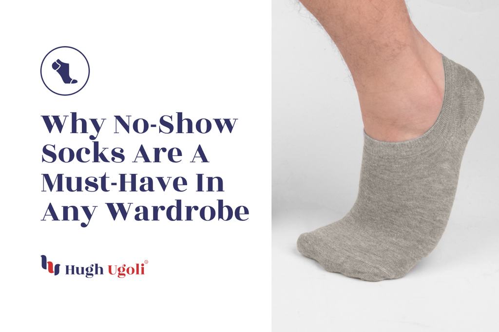 Close-up of a foot wearing gray Hugh Ugoli no-show socks, highlighting the seamless fit and comfort.