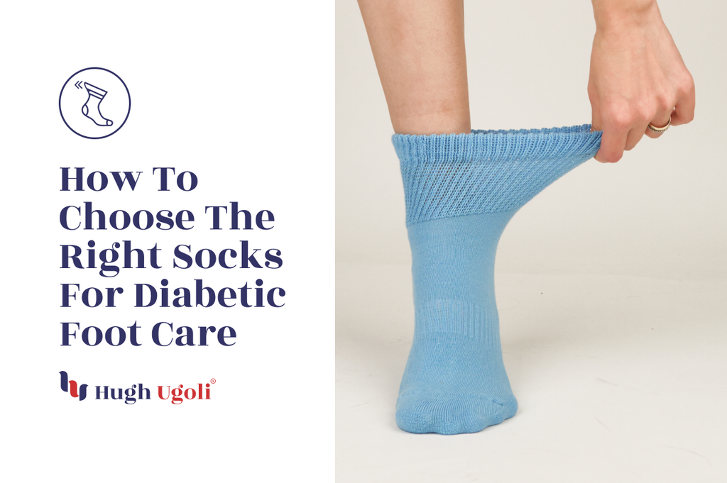 Close-up of a person adjusting light blue diabetic socks, highlighting comfort and suitability for diabetic foot care.