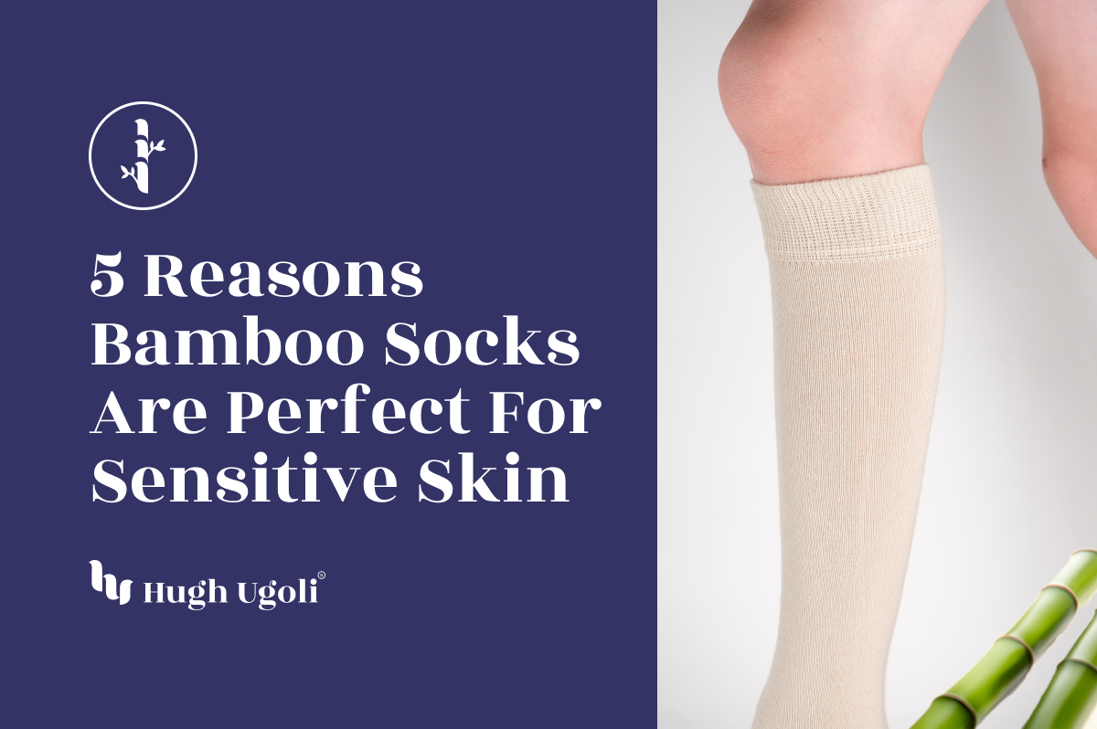 Close-up of leg wearing beige bamboo socks, alongside bamboo stalks, highlighting the comfort and natural benefits of bamboo socks, ideal for sensitive skin.