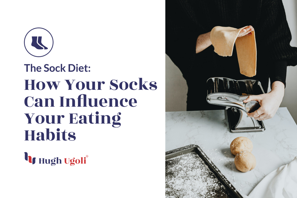 The image features text reading "The Sock Diet: How Your Socks Can Influence Your Eating Habits" by Hugh Ugoli, alongside a photo of a person using a pasta maker to roll out dough, with dough balls and a dusting of flour on a surface nearby.