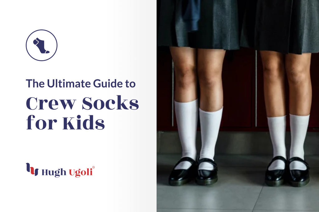 The image features two children wearing gray school skirts, white crew socks, and black shoes, accompanied by a guide to crew socks for kids.