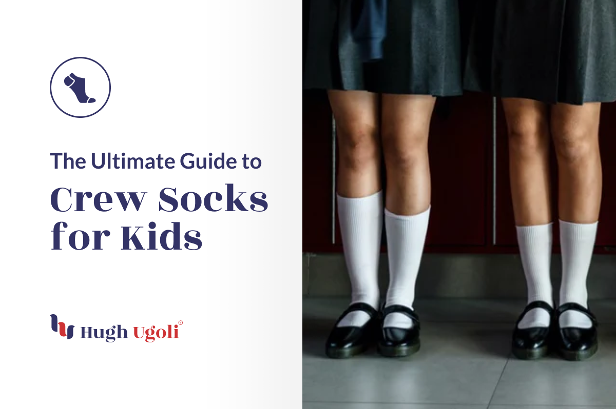 The image features two children wearing gray school skirts, white crew socks, and black shoes, accompanied by a guide to crew socks for kids.