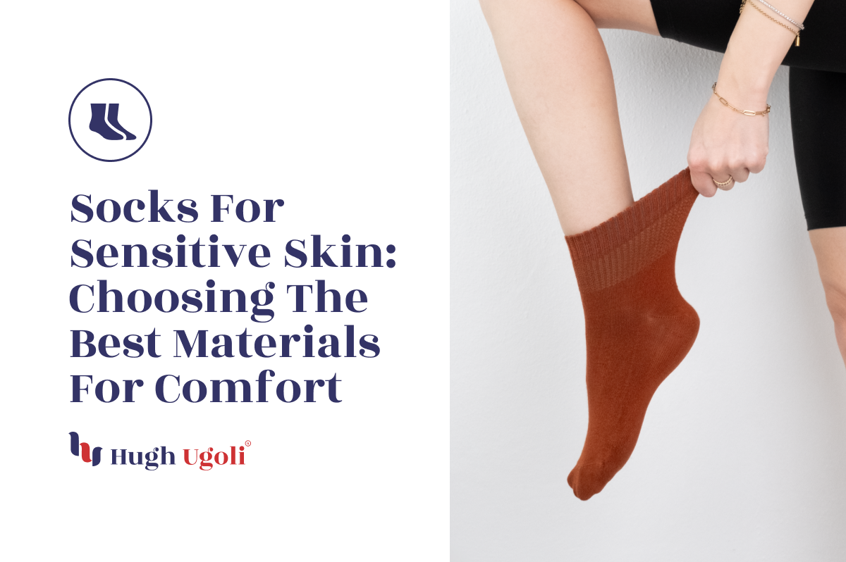 A person holding the cuff of a rust-colored sock, emphasizing comfort and material quality suitable for sensitive skin.