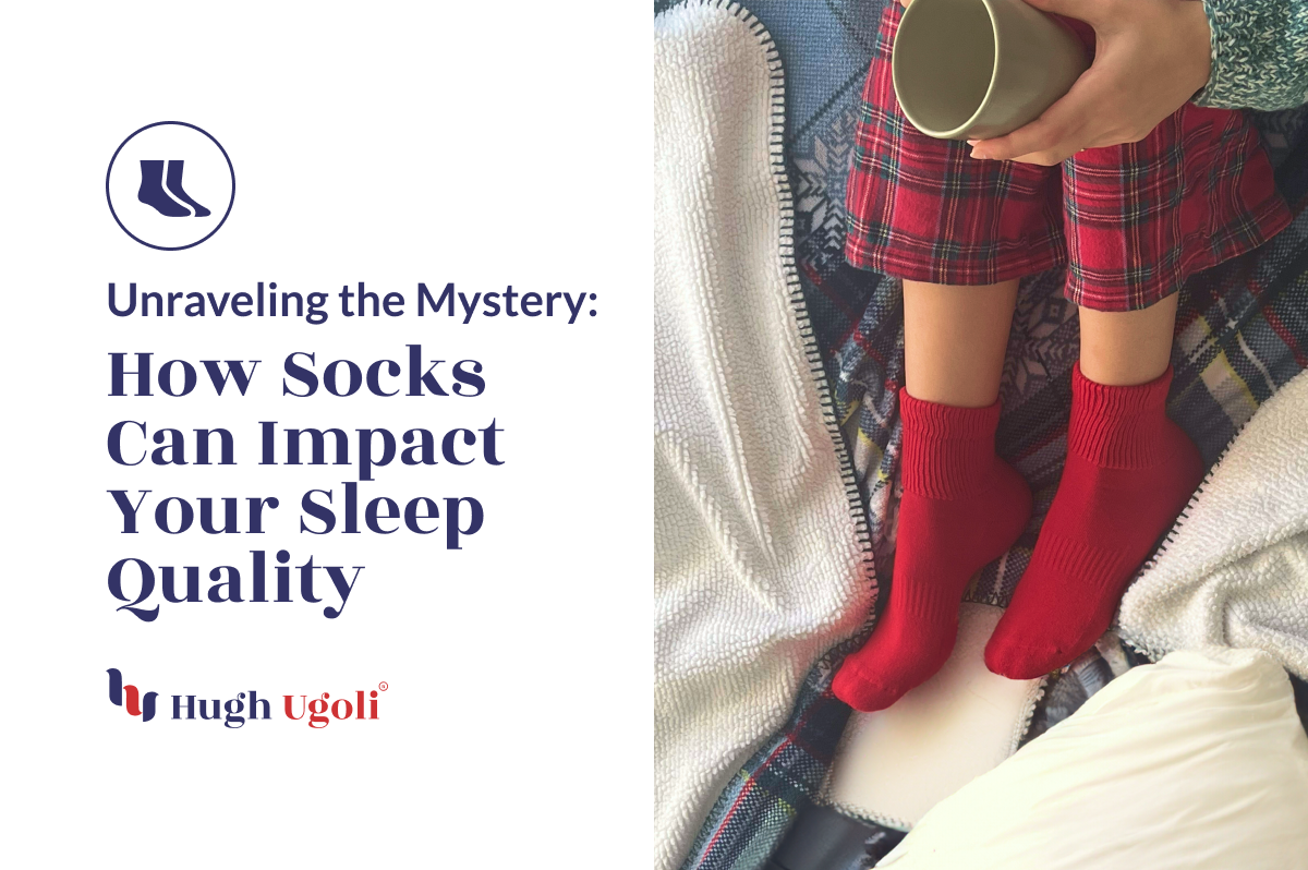 Cozy in bed with a cup in hand, feet clad in Hugh Ugoli's red socks, enhancing sleep quality.