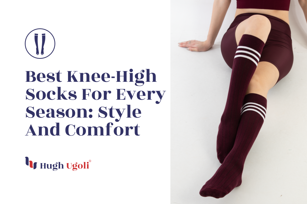 Person wearing burgundy Hugh Ugoli knee-high socks with white stripes, seated and showcasing the socks' style and comfort.