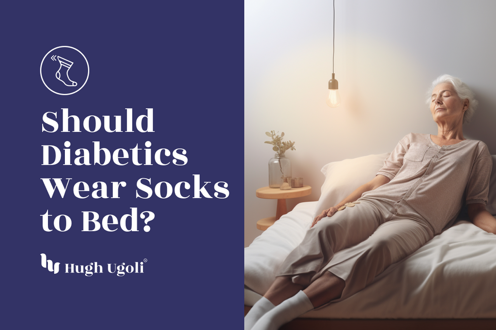 Relaxed elderly woman in bed, pondering diabetic sock use for nighttime comfort.