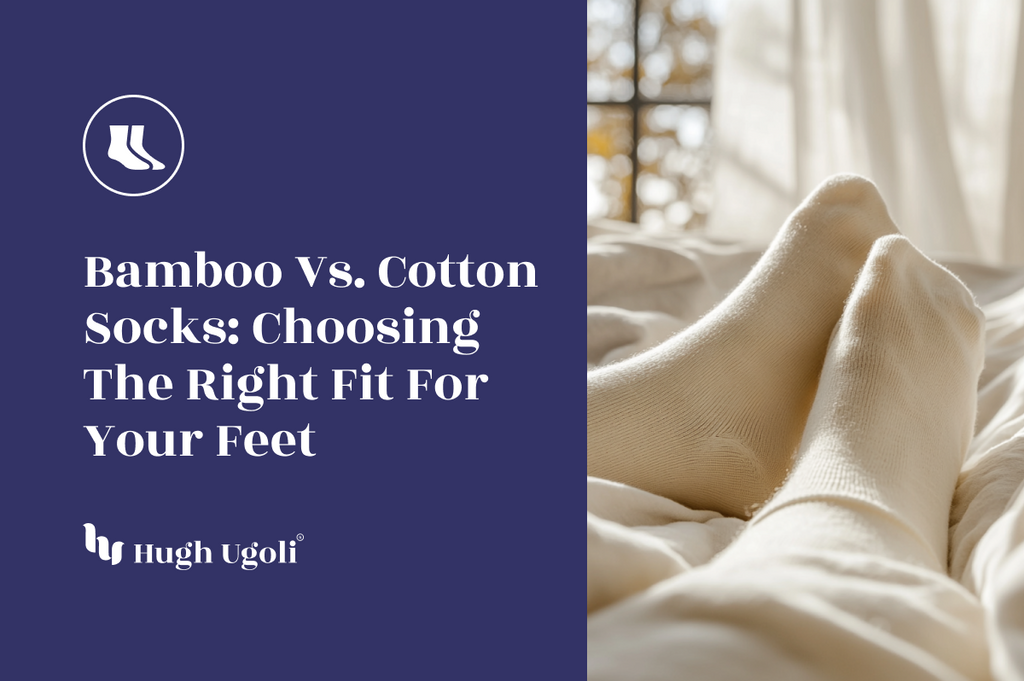 Cozy feet wearing soft bamboo socks resting on a bed in natural sunlight, with curtains and a serene window view in the background.