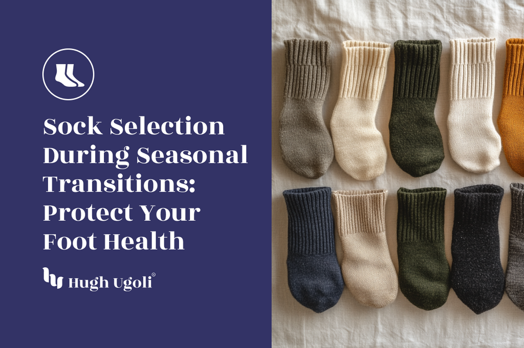 A variety of cozy, ribbed socks in earthy tones neatly arranged on a light-colored fabric background, illustrating ideal options for transitioning between seasons.