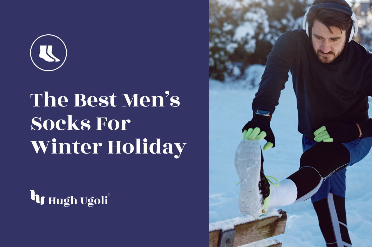 Man in winter athletic gear stretching his leg on a snowy bench while wearing headphones, gloves, and white socks.