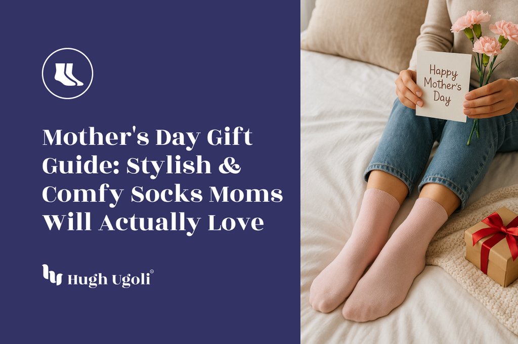Woman wearing pink socks sitting on a bed with a Mother’s Day card, flowers, and a gift box — a cozy gift idea from Hugh Ugoli.
