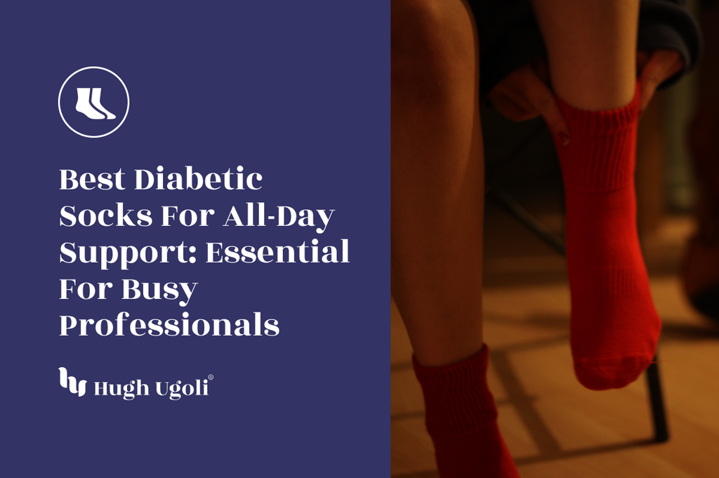Cozy indoor setting with a person putting on bright red diabetic socks, highlighting comfort and support.