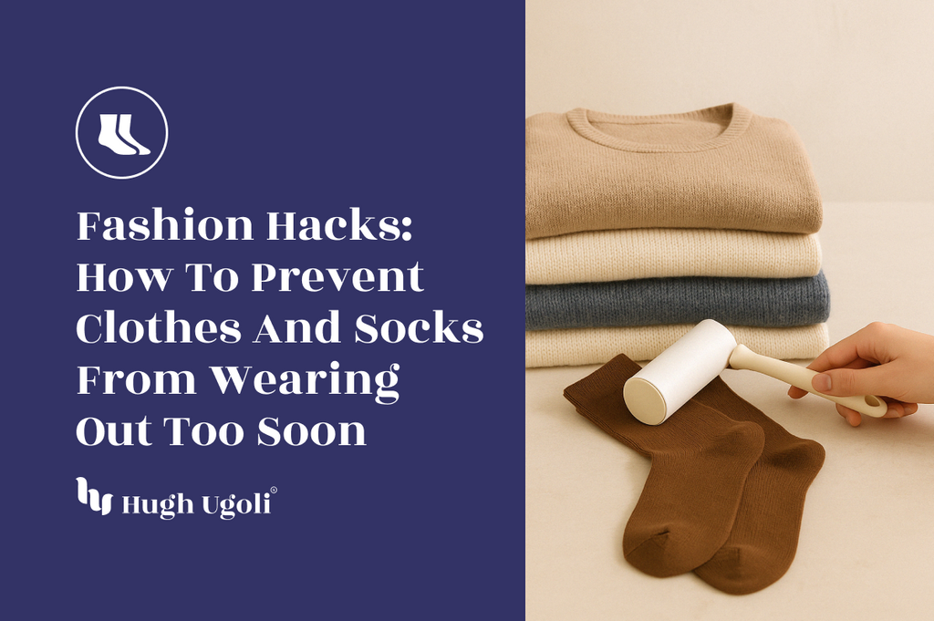 A cozy stack of knits with a lint roller gently caring for chocolate brown socks—illustrating simple yet effective fashion hacks to extend garment longevity.