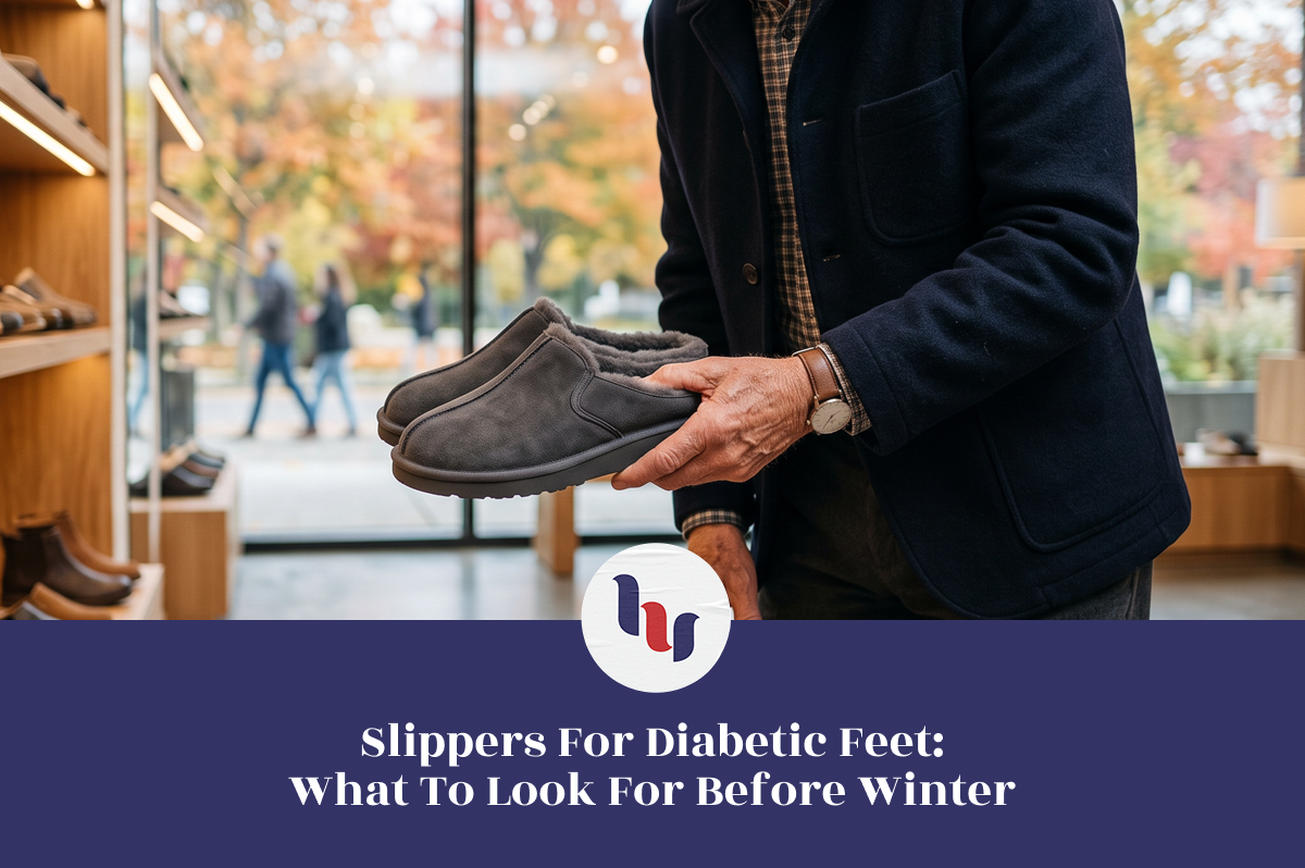 Shopper holding soft gray fleece-lined slippers while choosing winter footwear