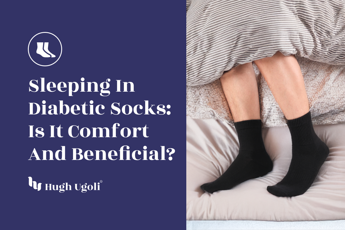 Man wearing black diabetic socks in bed, showcasing nighttime comfort and circulation benefits.