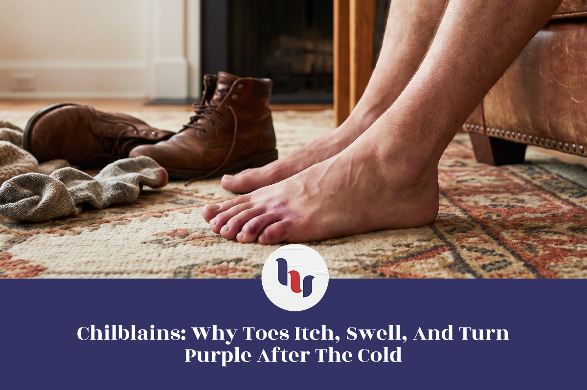 Close-up of bare feet with red and purple swollen toes beside winter boots