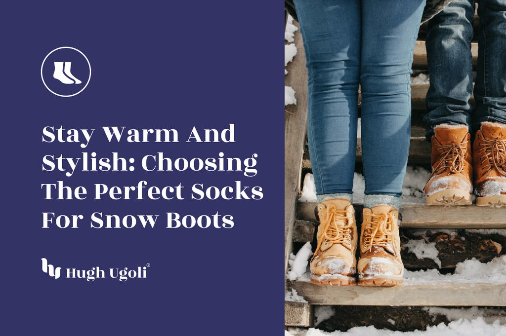 Two pairs of legs in jeans with warm socks and snow boots, standing on wooden stairs dusted with snow, showcasing winter style and comfort.
