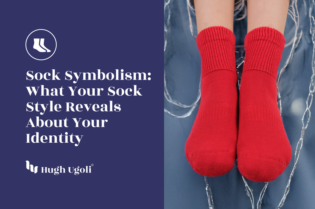Bright red socks worn on feet resting over abstract icy-blue background, representing bold sock symbolism and personal style expression