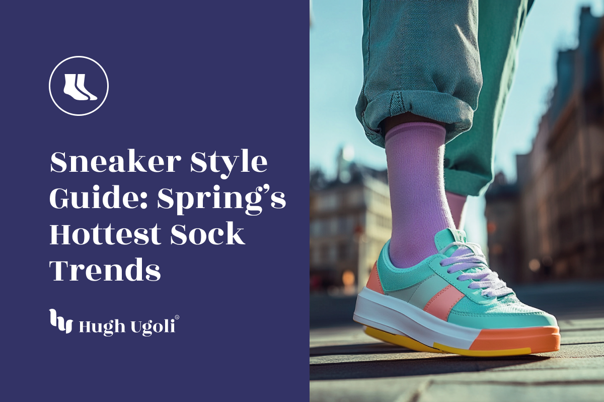 Person wearing pastel sneakers and lilac socks, showcasing vibrant spring street style in an urban setting