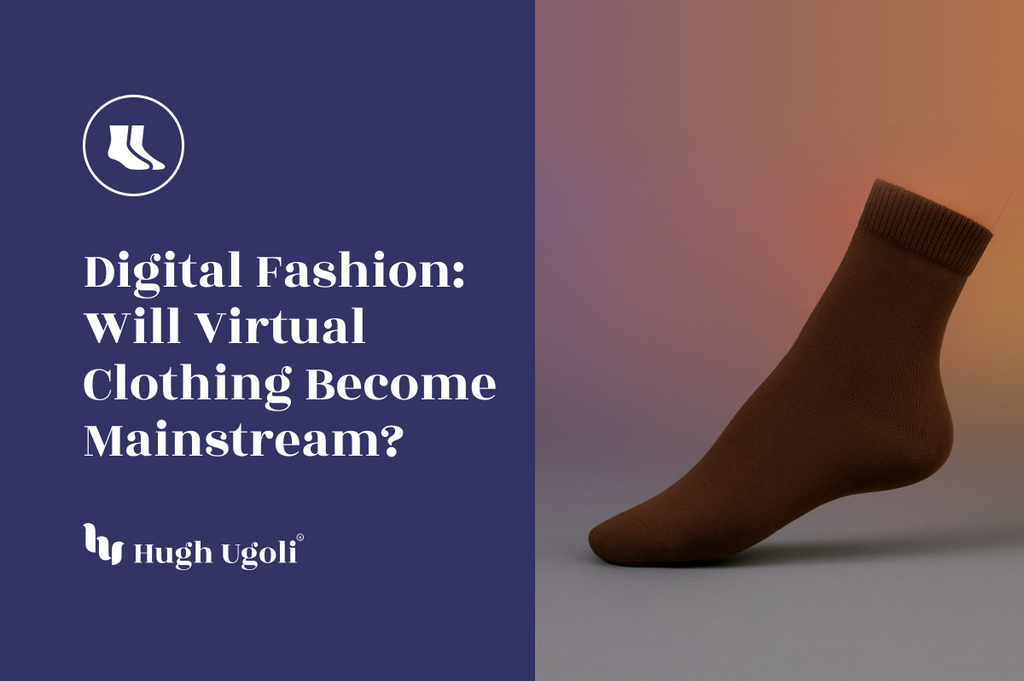 A single foot wearing a brown sock is lifted against a smooth, colorful gradient background, symbolizing digital fashion trends.
