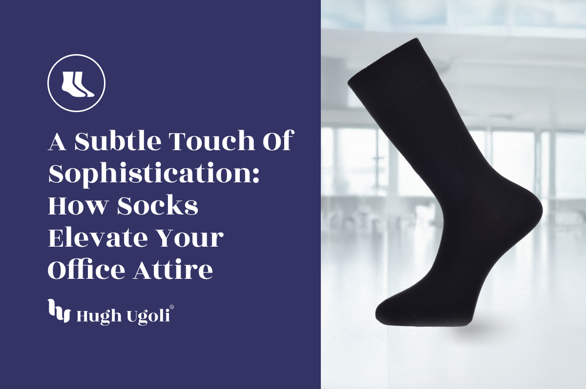 A single black dress sock floats elegantly against a blurred office background, symbolizing timeless style and subtle sophistication.