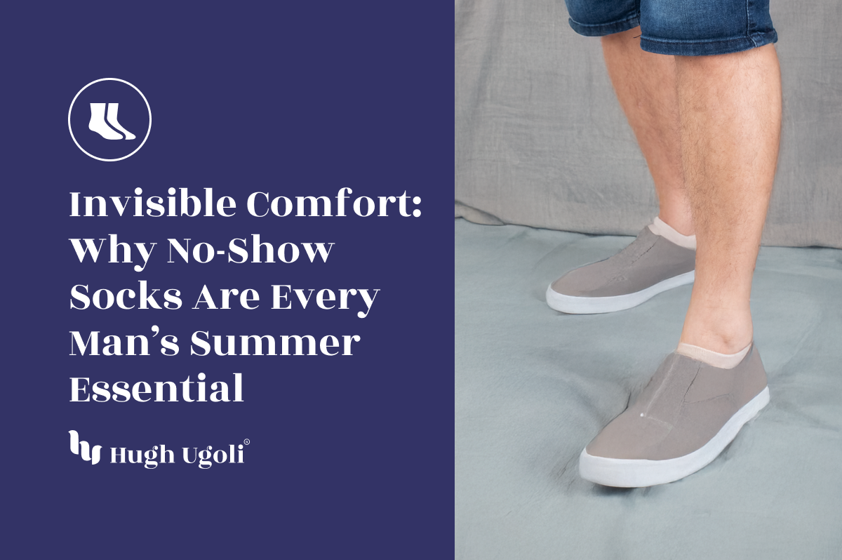 Man wearing invisible no-show socks with slip-on sneakers and denim shorts, perfect for summer comfort and style.